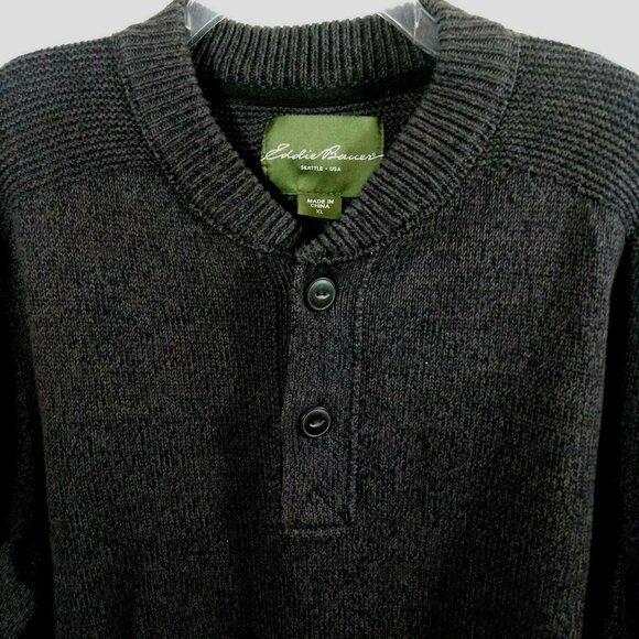 EDDIE BAUER MEN'S PULL-OVER SWEATER SIZE XL DARK GREY 3/4 BUTTONS FRONT CLOSURE - Picture 3 of 8